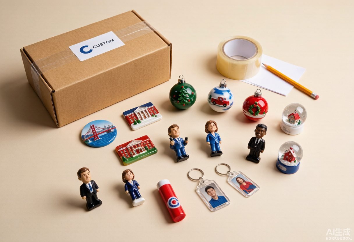 Wholesale custom resin gifts arranged for export: magnets, ornaments, bobbleheads, keychains and snow globes